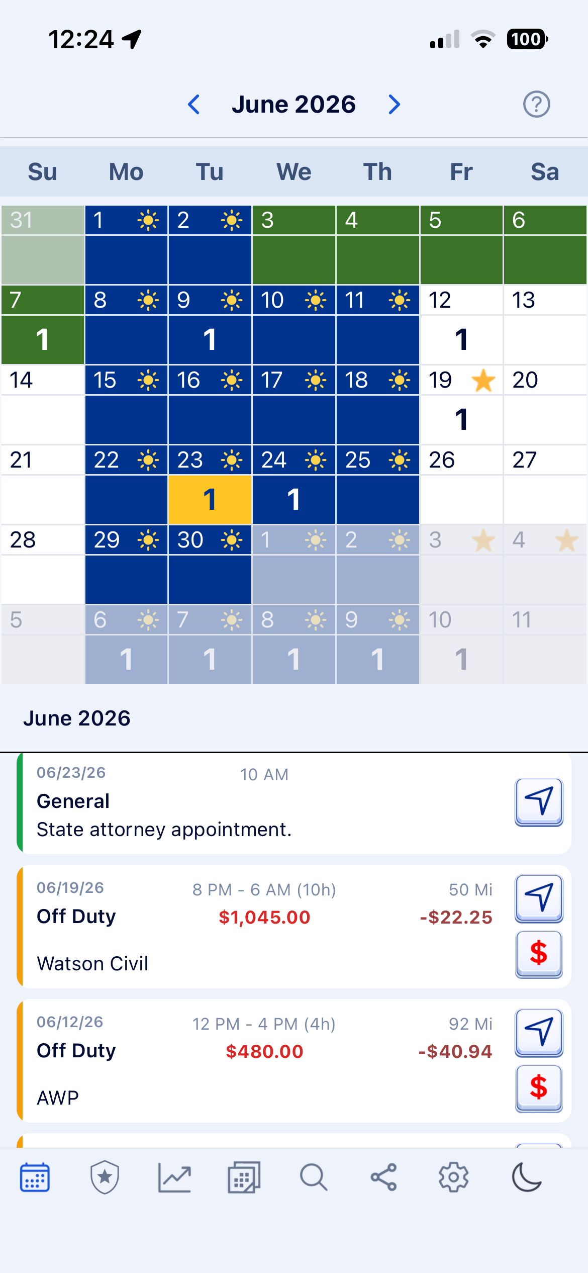 BlueShifts calendar screen