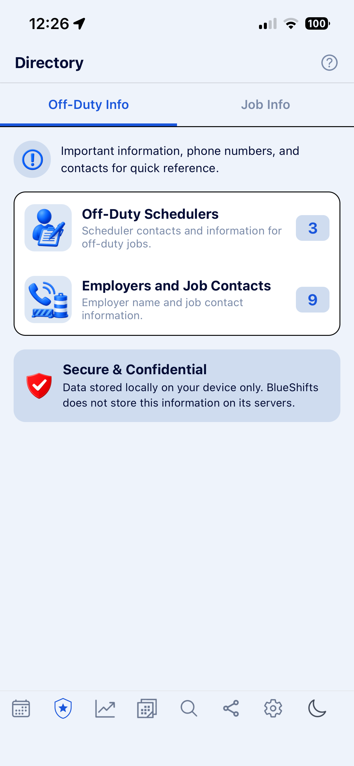 BlueShifts off-duty directory screenshot